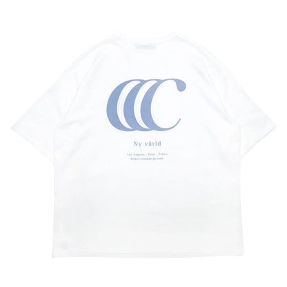 clumsy PicturesのCCCロゴがデザインされた定番モデルのTシャツ「LIMITED CCC WIDE TEE」のWHITE/HORIZON BLUEカラーの背面からの商品写真