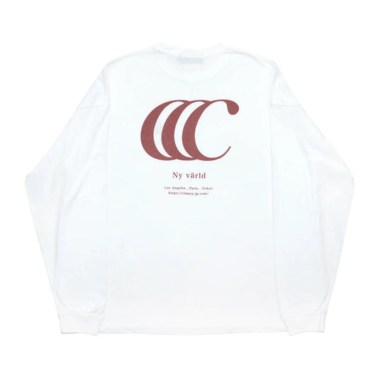 clumsy. Pictures(クラムジー)のCCCロゴが背面に大きくプリントされた定番アイテム「LIMITED CCC」ロングスリーブのWHITE/ROUGEカラーの背面からの商品写真