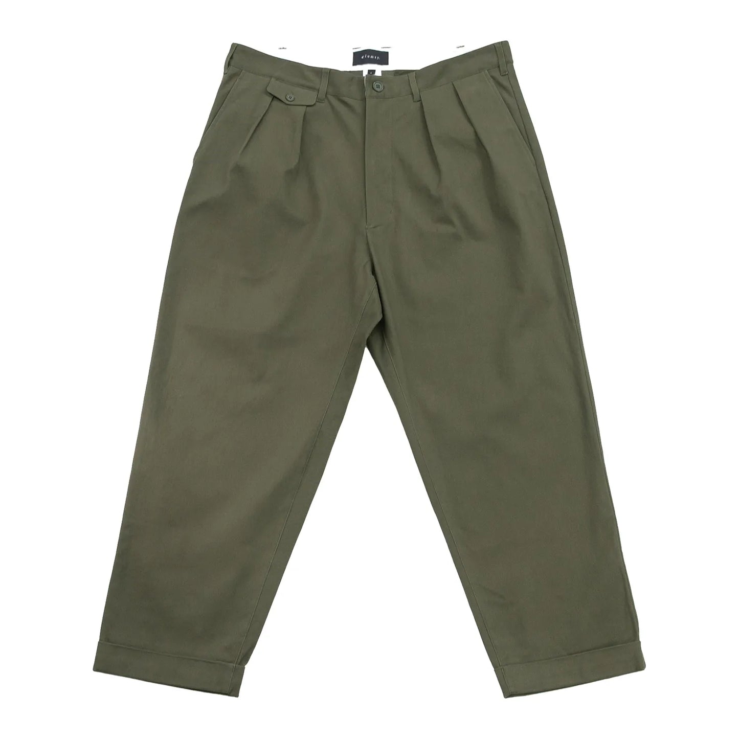 clumsy Pictures(クラムジー)の「2PLEATS RELAXED TWILL PANTS」のOLIVE DRABカラーの正面からの商品写真