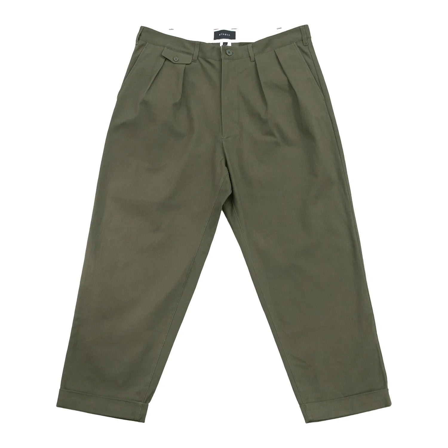 clumsy Pictures(クラムジー)の「2PLEATS RELAXED TWILL PANTS」のOLIVE DRABカラーの正面からの商品写真