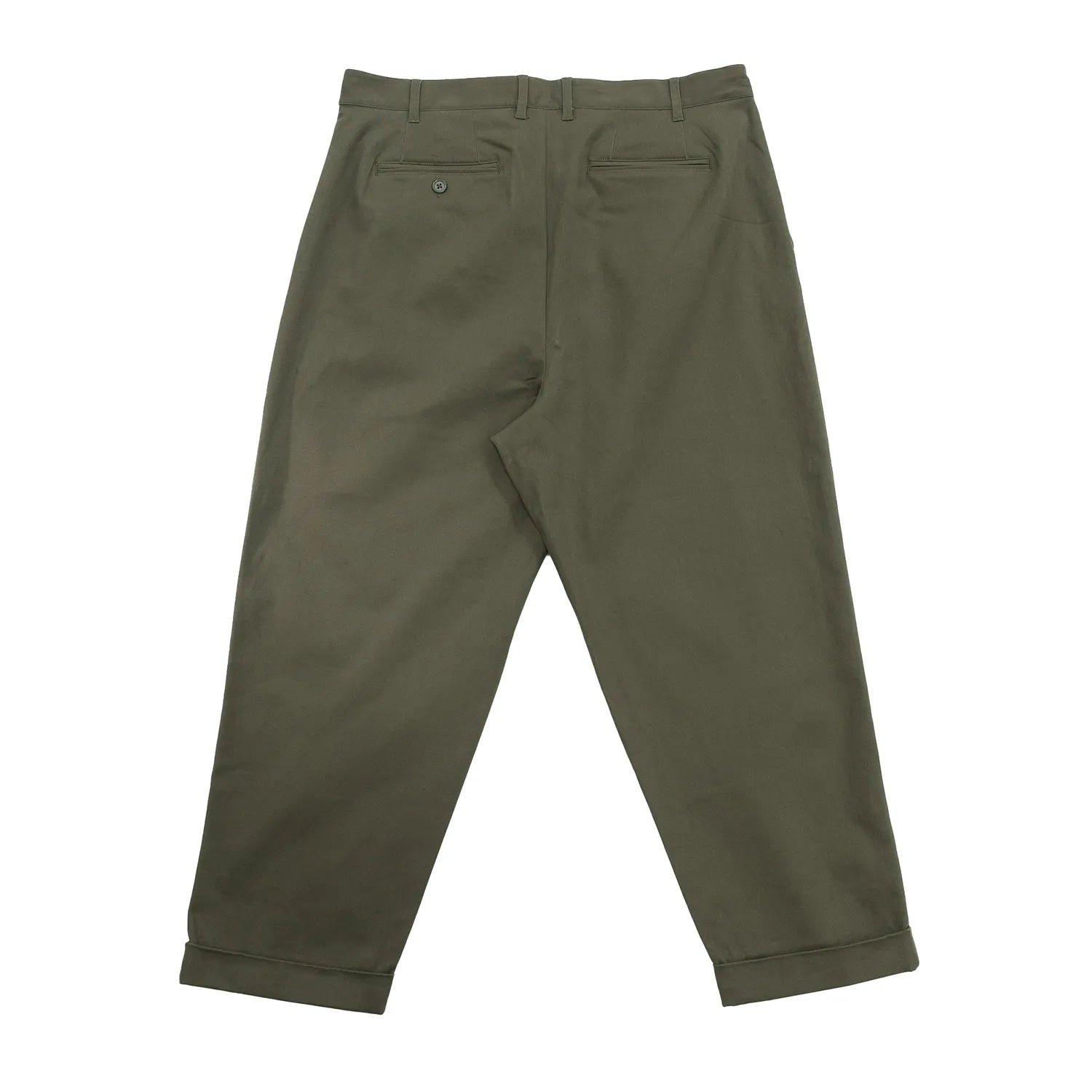 clumsy Pictures(クラムジー)の「2PLEATS RELAXED TWILL PANTS」のOLIVE DRABカラーの背面からの商品写真