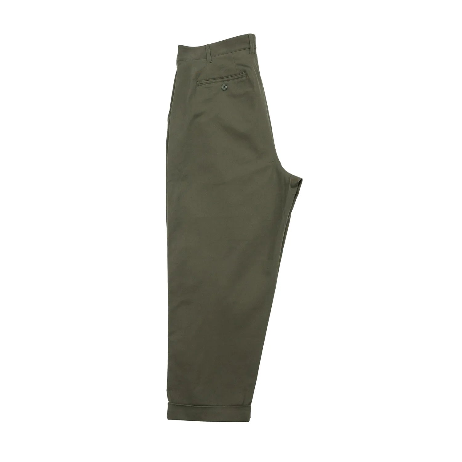 clumsy Pictures(クラムジー)の「2PLEATS RELAXED TWILL PANTS」のOLIVE DRABカラーの側面からの商品写真