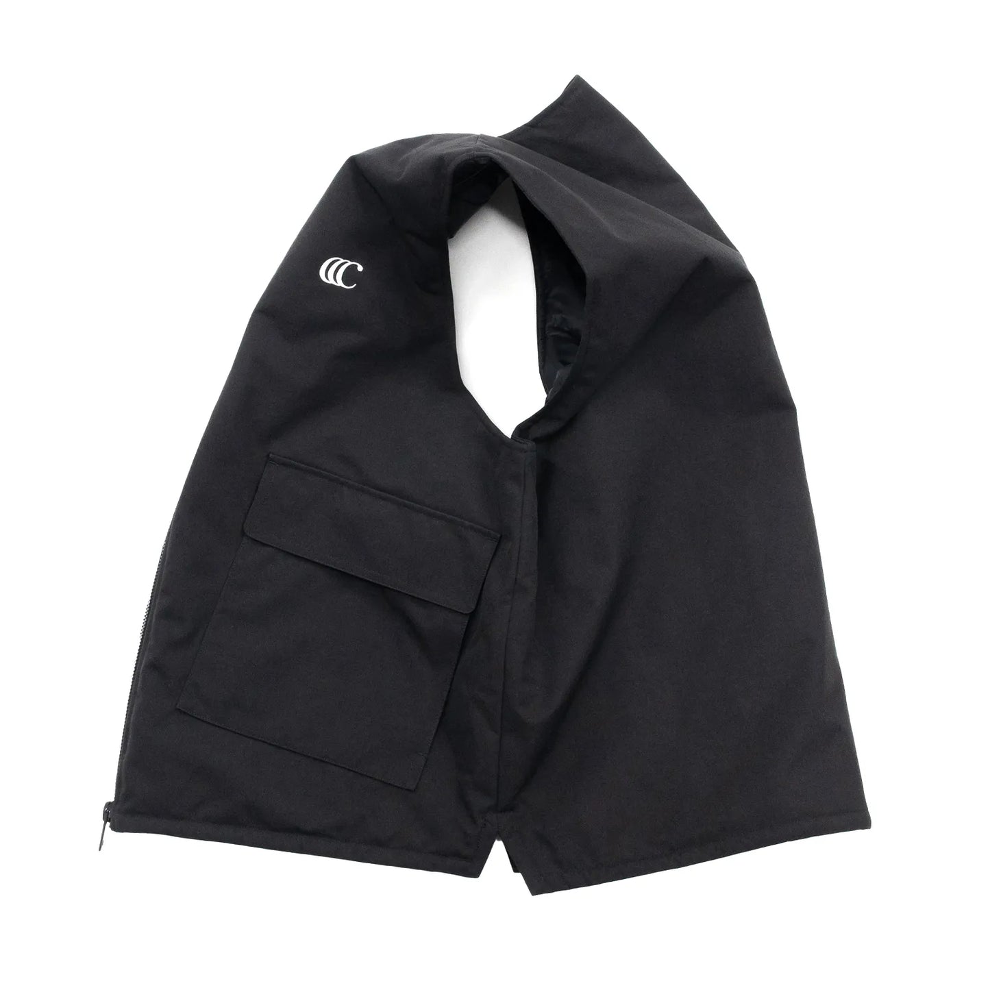 ナイロンダック生地を使用したclumsy(クラムジー)の中綿入りタクティカルベスト「TACTICAL DUCK VEST」のBLACKカラーの側面からの商品写真