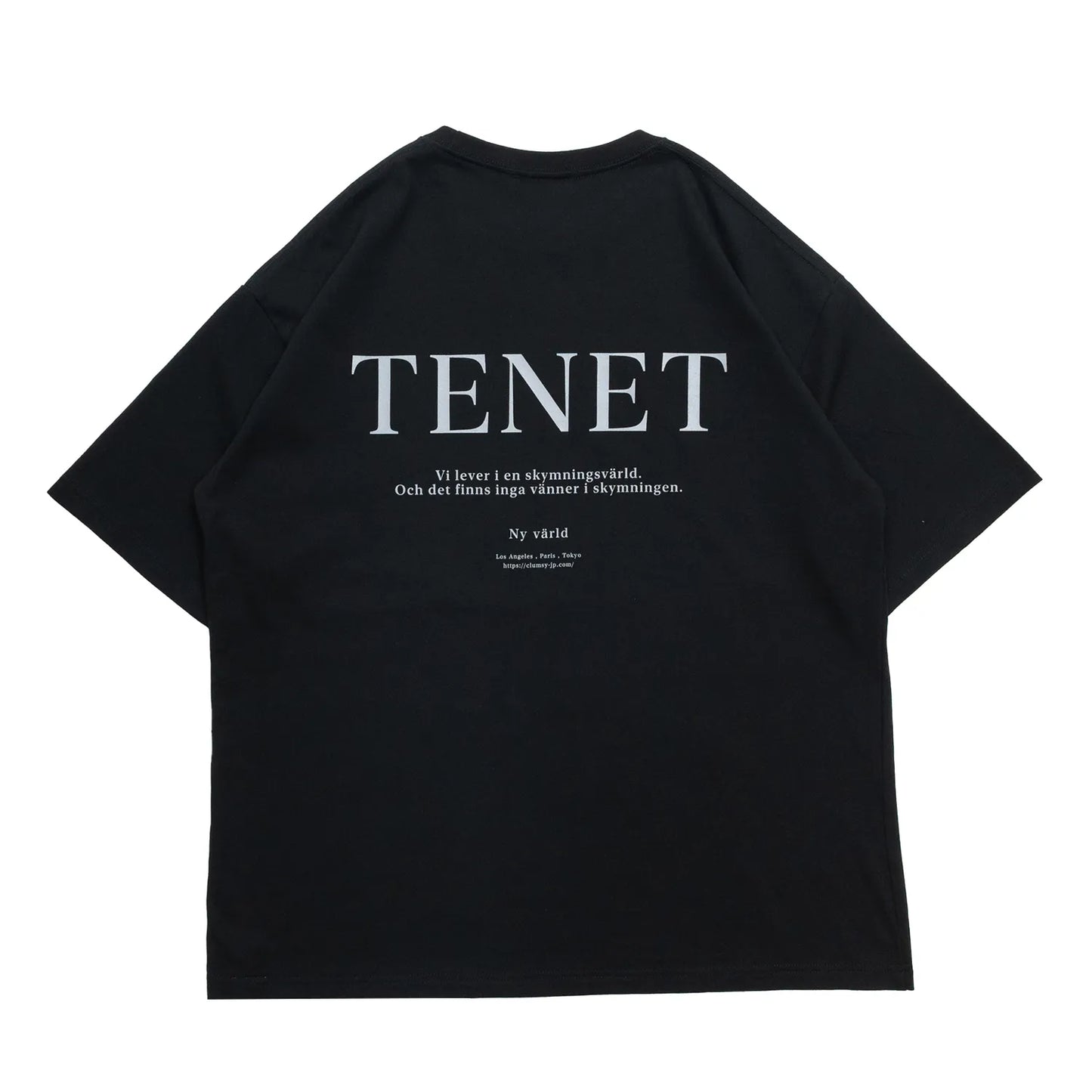 clumsy. PICTURES(クラムジーピクチャーズ)のTシャツ「TENET TEE」のBLACKカラーの背面からの商品写真