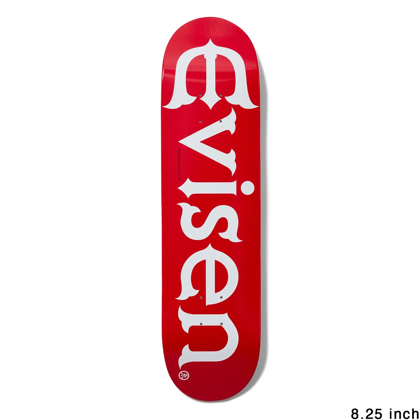 日本で最も人気のスケートブランド「EVISEN(ゑびせん)」のTEAMモデルのスケボー・スケートボードデッキ「EVI LOGO RED / 8.25インチ」のボトム面メイングラフィックの写真