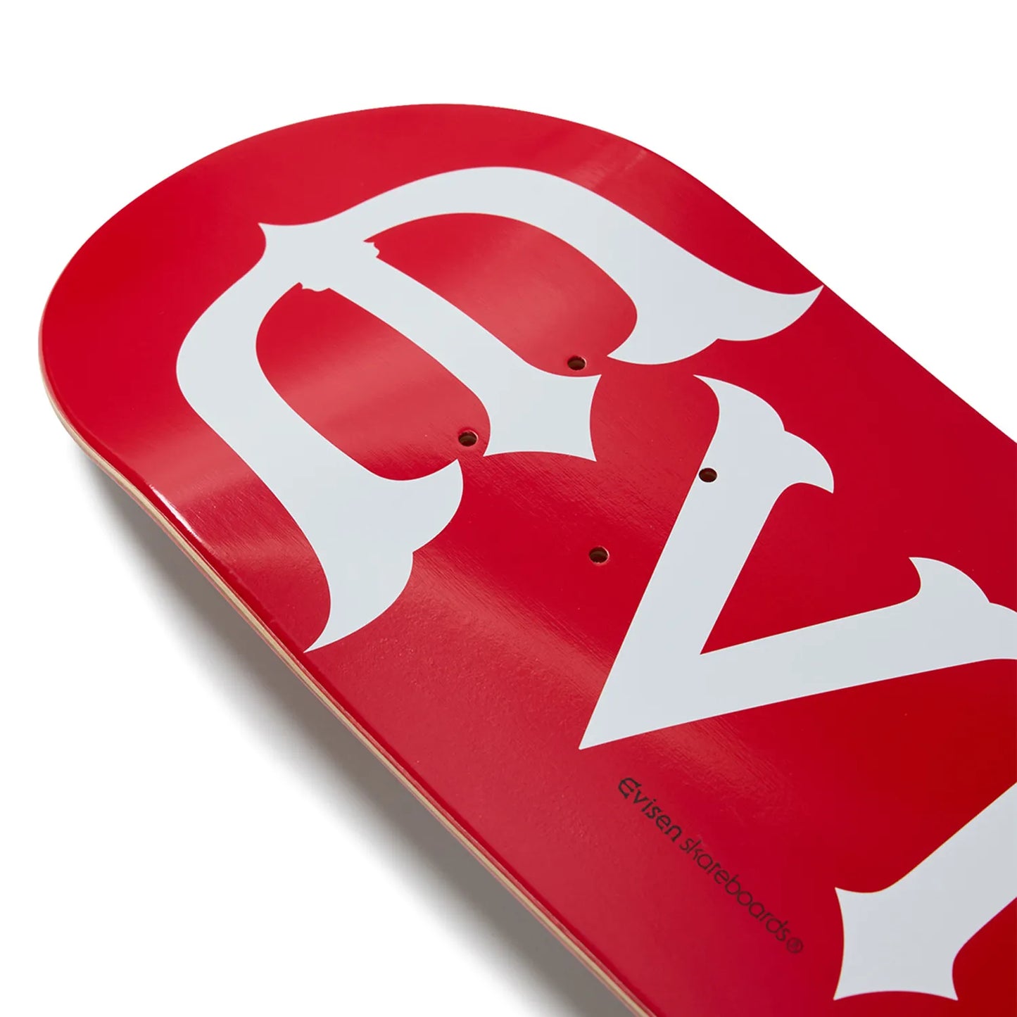 日本で最も人気のスケートブランド「EVISEN(ゑびせん)」のTEAMモデルのスケボー・スケートボードデッキ「EVI LOGO RED / 8.25インチ」のボトム面のノーズ側の写真