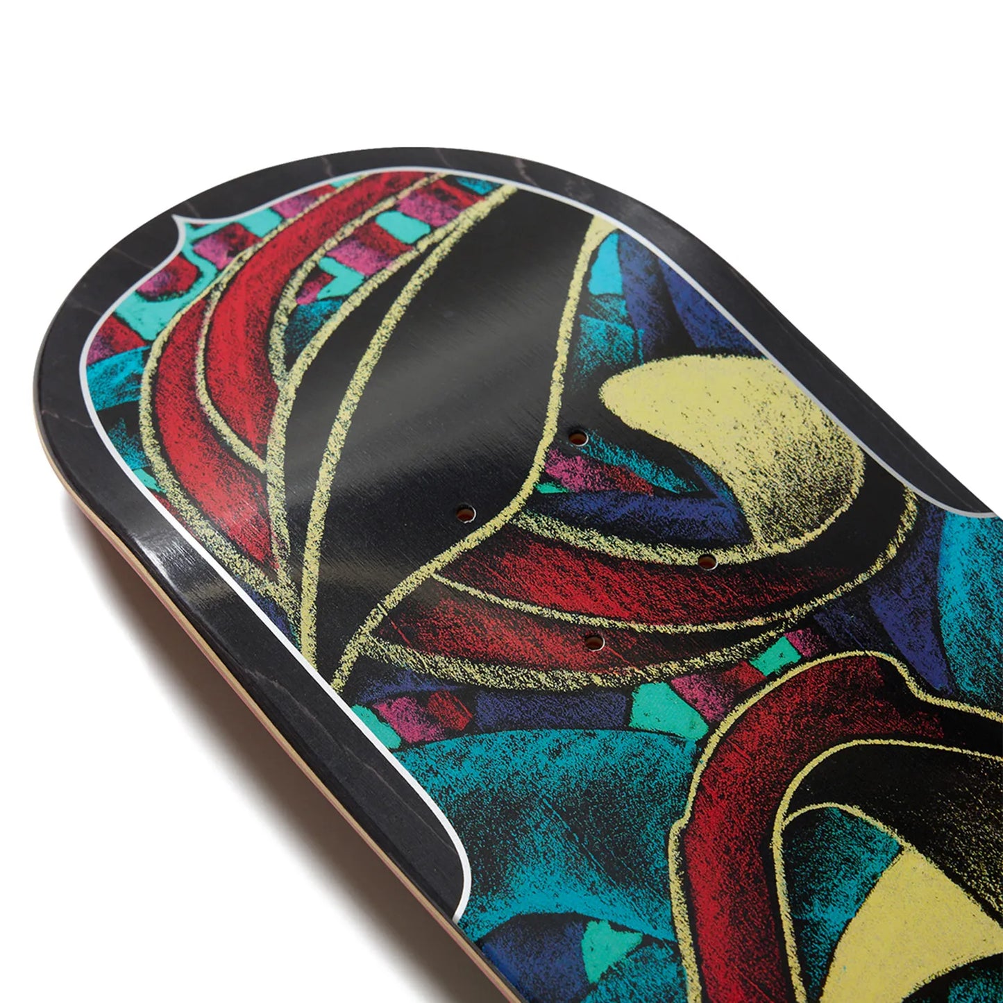 日本で最も人気のスケートブランド「EVISEN(ゑびせん)」のTEAMモデルのスケボー・スケートボードデッキ「HANA-BI / 8.125インチ」のボトム面のノーズ側の写真