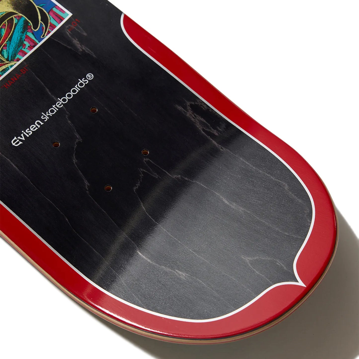 日本で最も人気のスケートブランド「EVISEN(ゑびせん)」のTEAMモデルのスケボー・スケートボードデッキ「HANA-BI / 8.125インチ」のデッキテープ面のテール側の写真