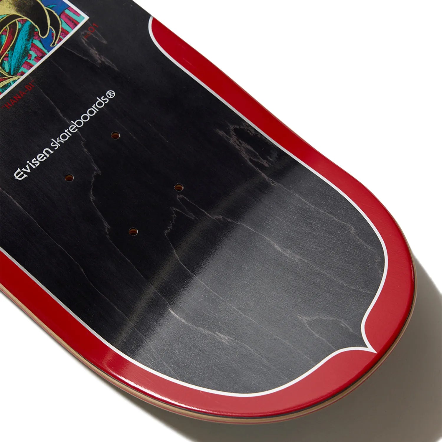 日本で最も人気のスケートブランド「EVISEN(ゑびせん)」のTEAMモデルのスケボー・スケートボードデッキ「HANA-BI / 8.125インチ」のデッキテープ面のテール側の写真