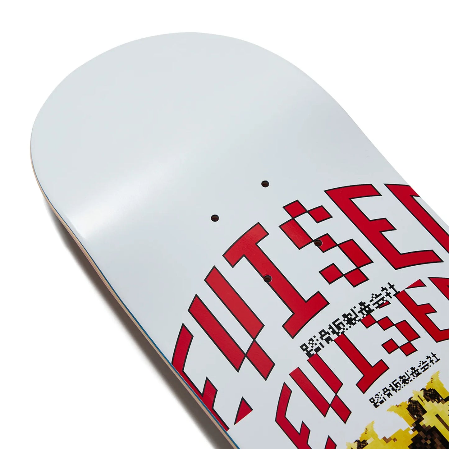 日本で最も人気のスケートブランド「EVISEN(ゑびせん)」のTEAMモデルのスケボー・スケートボードデッキ「POWER BOMB / 8.25インチ」のボトム面のノーズ側の写真