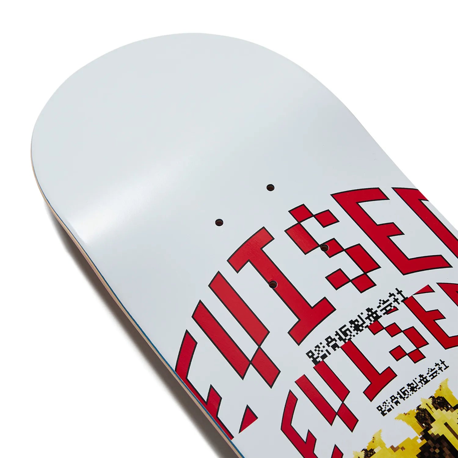 日本で最も人気のスケートブランド「EVISEN(ゑびせん)」のTEAMモデルのスケボー・スケートボードデッキ「POWER BOMB / 8.25インチ」のボトム面のノーズ側の写真