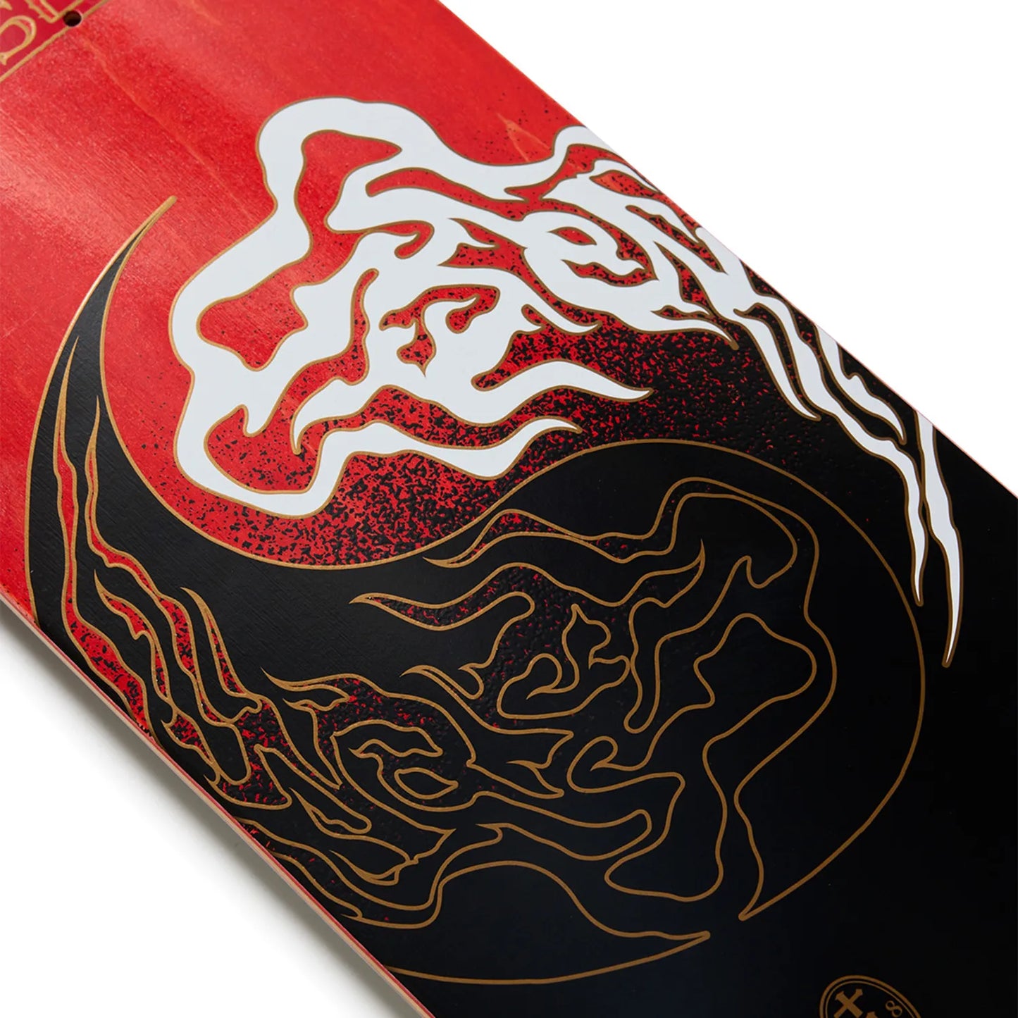 日本で最も人気のスケートブランド「EVISEN(ゑびせん)」のTEAMモデルのスケボー・スケートボードデッキ「YIN-YANG FIRE / 8.125インチ」のボトム面の中央の写真