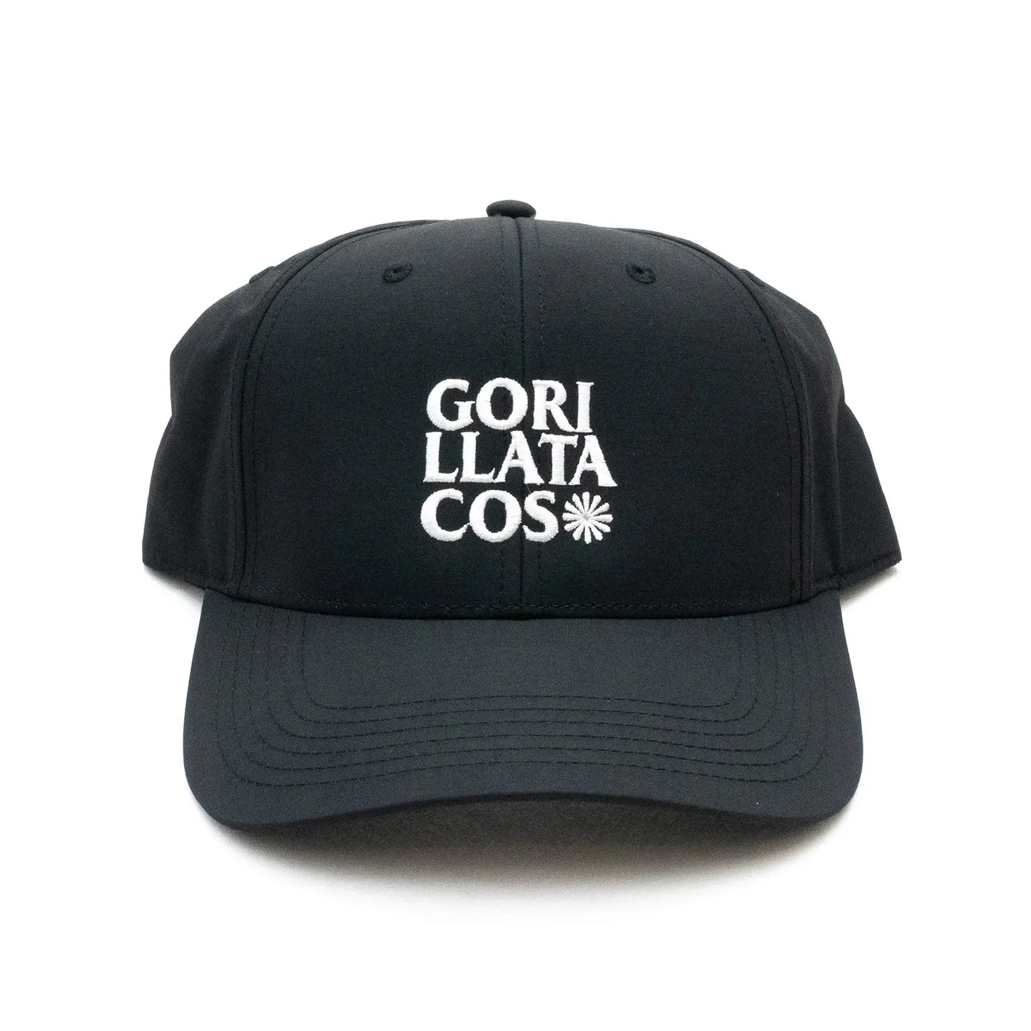 GORILLA TACOSのナイロン製のBLACKカラーのボディにフロントにWHITEカラーの刺繍でデザインされた6パネルキャップ「GT NYLON 6PALEN CAP」の正面からの商品写真