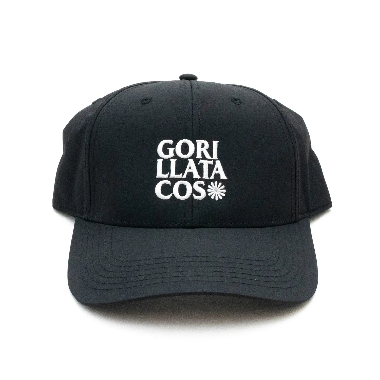 GORILLA TACOSのナイロン製のBLACKカラーのボディにフロントにWHITEカラーの刺繍でデザインされた6パネルキャップ「GT NYLON 6PALEN CAP」の正面からの商品写真