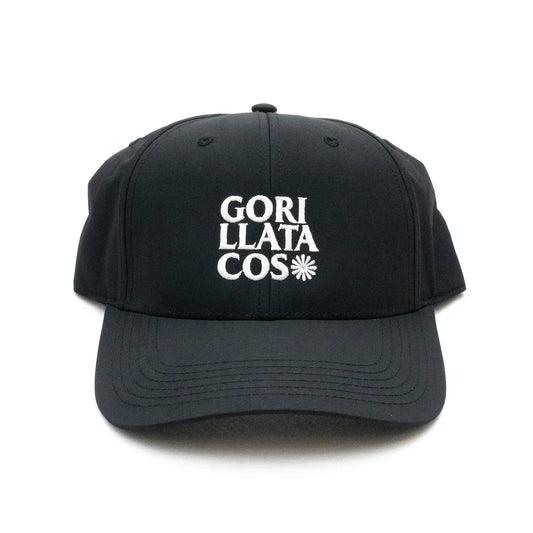 GORILLA TACOSのナイロン製のBLACKカラーのボディにフロントにWHITEカラーの刺繍でデザインされた6パネルキャップ「GT NYLON 6PALEN CAP」の正面からの商品写真