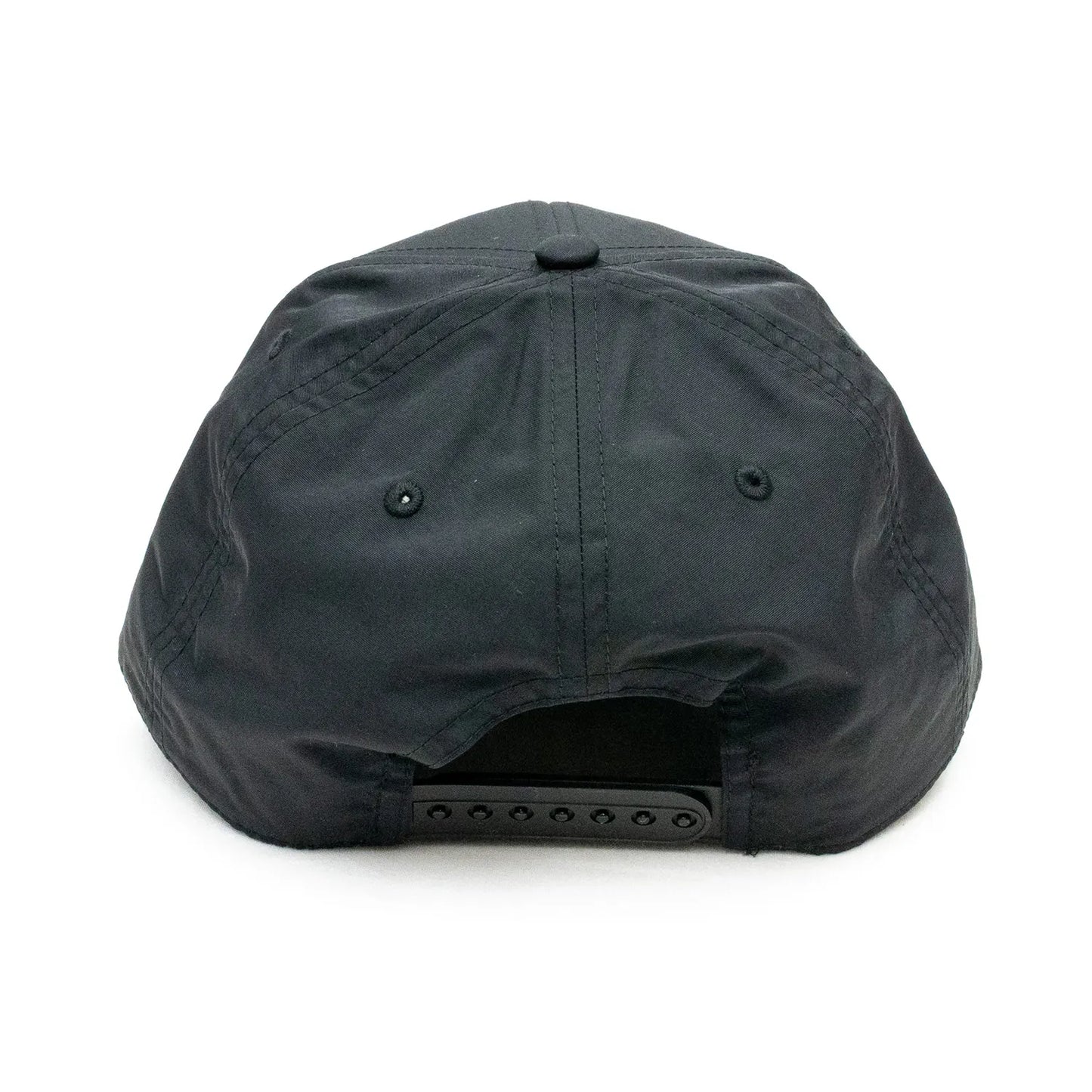 GORILLA TACOSのナイロン製のBLACKカラーのボディにフロントにWHITEカラーの刺繍でデザインされた6パネルキャップ「GT NYLON 6PALEN CAP」の背面からの商品写真