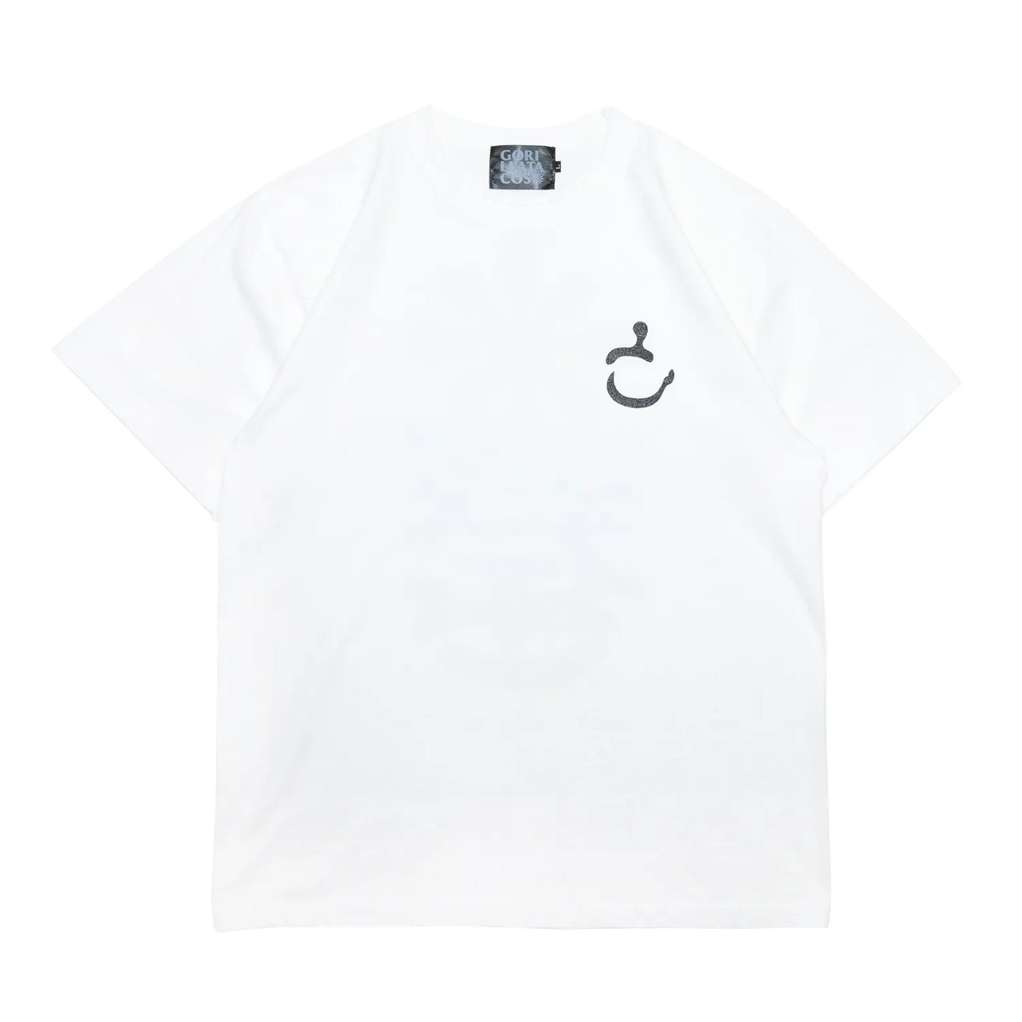 GORILLA TACOSのバックとフロント左胸にデザインがプリントされたTシャツ「New MOJI S/S TEE」のWHITEカラーの全面からの商品写真