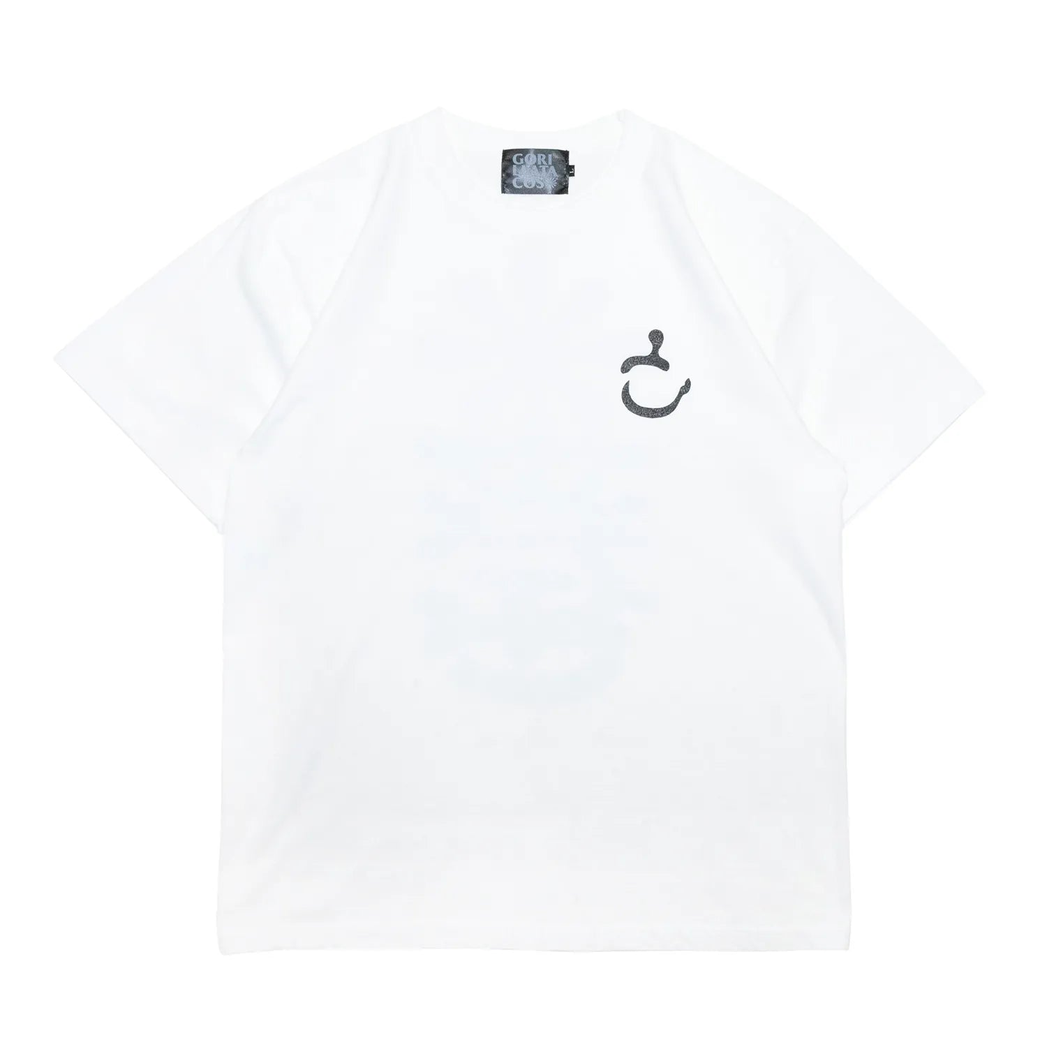 GORILLA TACOSのバックとフロント左胸にデザインがプリントされたTシャツ「New MOJI S/S TEE」のWHITEカラーの全面からの商品写真