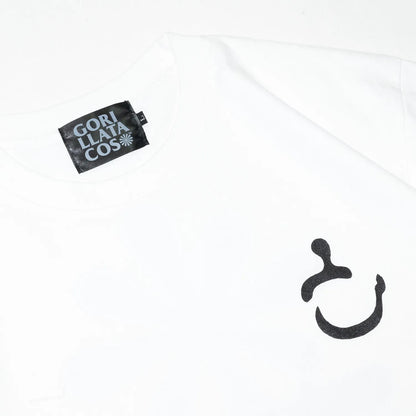 GORILLA TACOSのバックとフロント左胸にデザインがプリントされたTシャツ「New MOJI S/S TEE」のWHITEカラーのフロントのデザイン写真