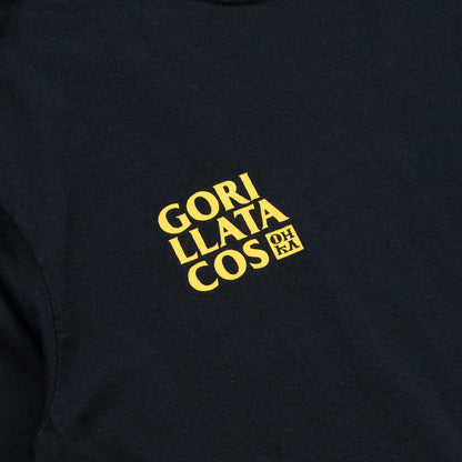 中目黒の人気餃子店「OHKA THE BESTDAYS」とのコラボレーションモデルのGORILLA TACOSのTシャツ「OHKA TEE」のBLACKカラーのフロントデザインの近接写真