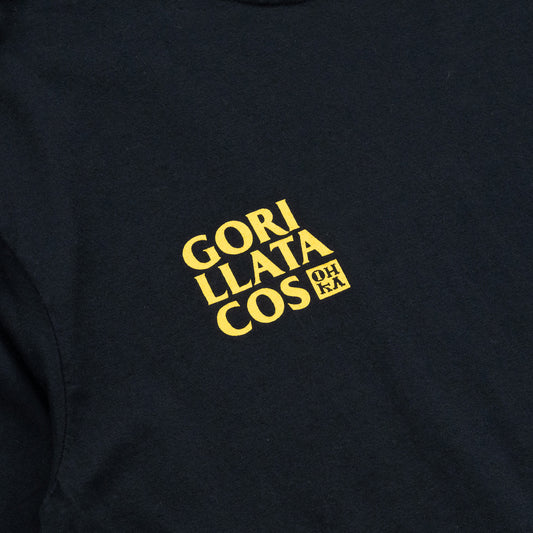 中目黒の人気餃子店「OHKA THE BESTDAYS」とのコラボレーションモデルのGORILLA TACOSのTシャツ「OHKA TEE」のBLACKカラーのフロントデザインの近接写真