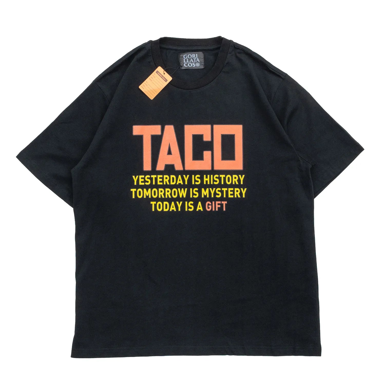 フロントに大きくレタードデザインがプリントされたGORILLA TACOSのTシャツ「TACO TEE」のBLACKカラーの正面からの商品写真