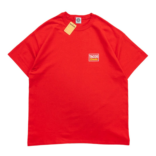 GORILLA TACOS(ゴリラタコス)のフロント左胸にデザインがプリントされたTシャツ「TACOS 2 TEE」のレッドカラーの商品写真