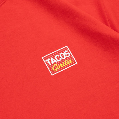 GORILLA TACOS(ゴリラタコス)のフロント左胸にデザインがプリントされたTシャツ「TACOS 2 TEE」のレッドカラーのフロントデザインの詳細写真
