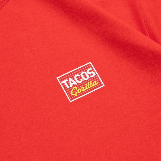 GORILLA TACOS(ゴリラタコス)のフロント左胸にデザインがプリントされたTシャツ「TACOS 2 TEE」のレッドカラーのフロントデザインの詳細写真