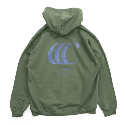 CLUMSY PICTURESを代表するパーカー「LIMITED CCC HOODY」のARMYカラーの背面からの商品写真