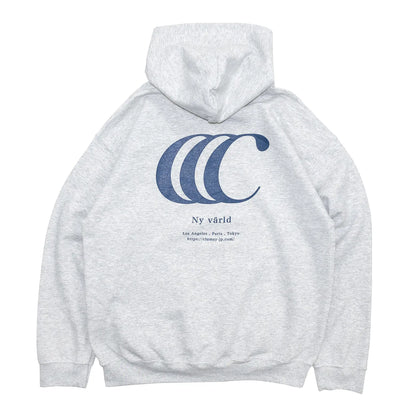 CLUMSY PICTURESを代表するパーカー「LIMITED CCC HOODY」のASHカラーの背面からの商品写真