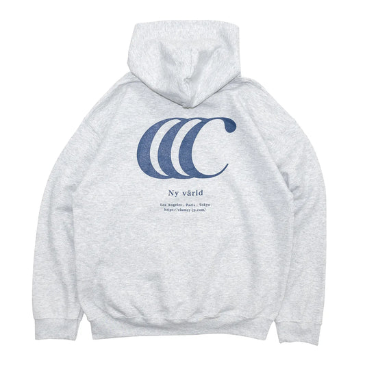 CLUMSY PICTURESを代表するパーカー「LIMITED CCC HOODY」のASHカラーの背面からの商品写真