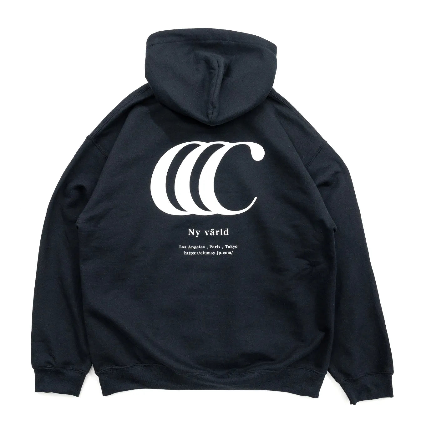 CLUMSY PICTURESを代表するパーカー「LIMITED CCC HOODY」のBLACKカラーの背面からの商品写真