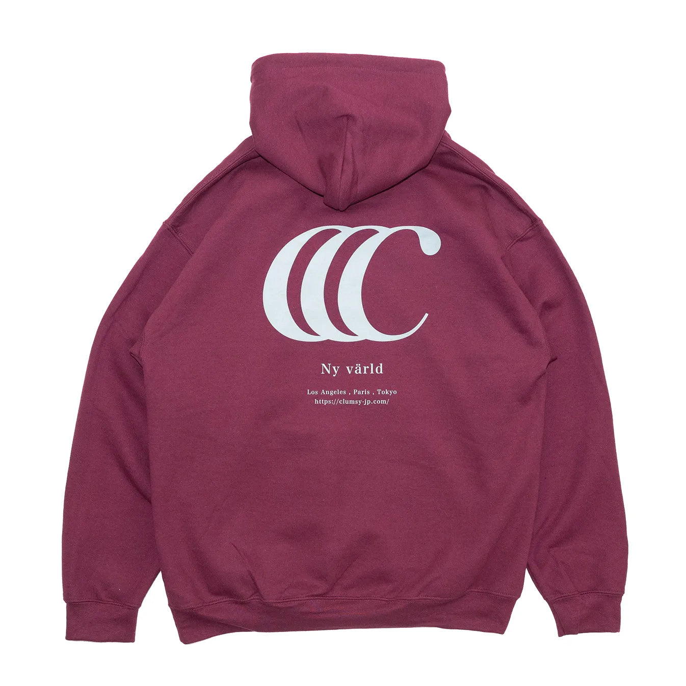 CLUMSY PICTURESを代表するパーカー「LIMITED CCC HOODY」のBORDEAUXカラーの背面からの商品写真