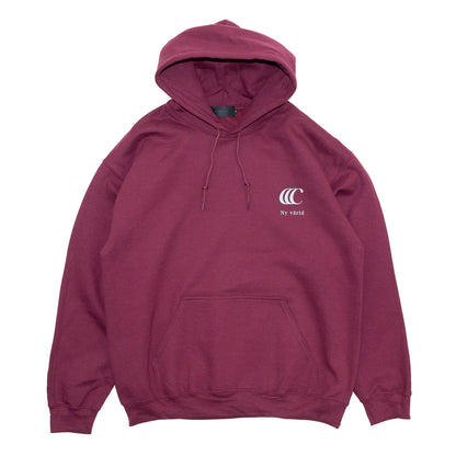 CLUMSY PICTURESを代表するパーカー「LIMITED CCC HOODY」のBORDEAUXカラーの正面からの商品写真