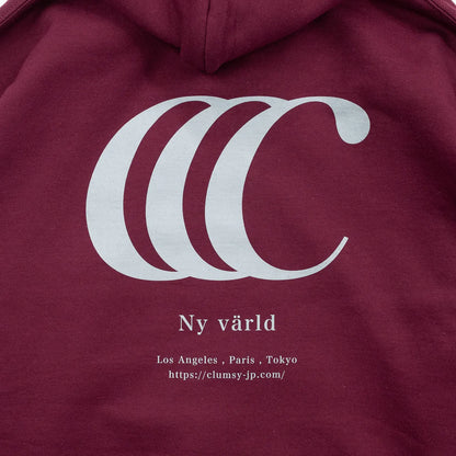 CLUMSY PICTURESを代表するパーカー「LIMITED CCC HOODY」のBORDEAUXカラーの背面のデザイン写真