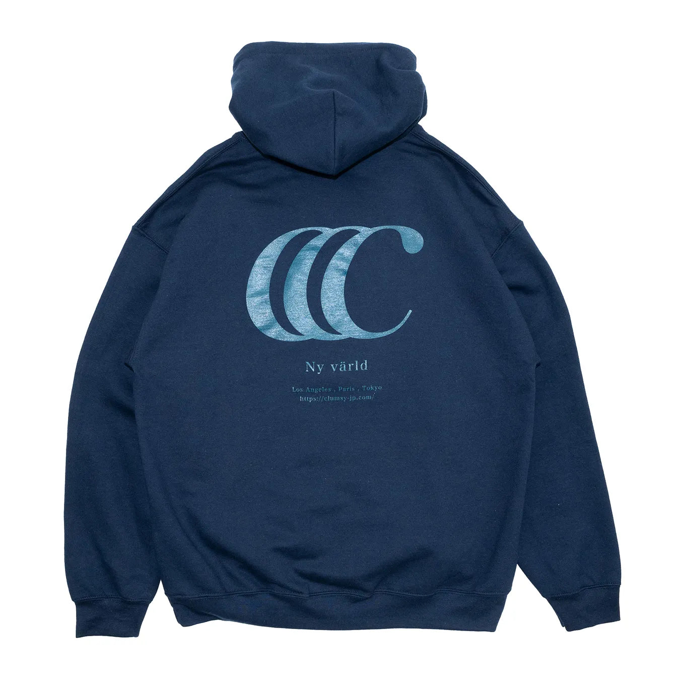 CLUMSY PICTURESを代表するパーカー「LIMITED CCC HOODY」のNAVYカラーの背面からの商品写真