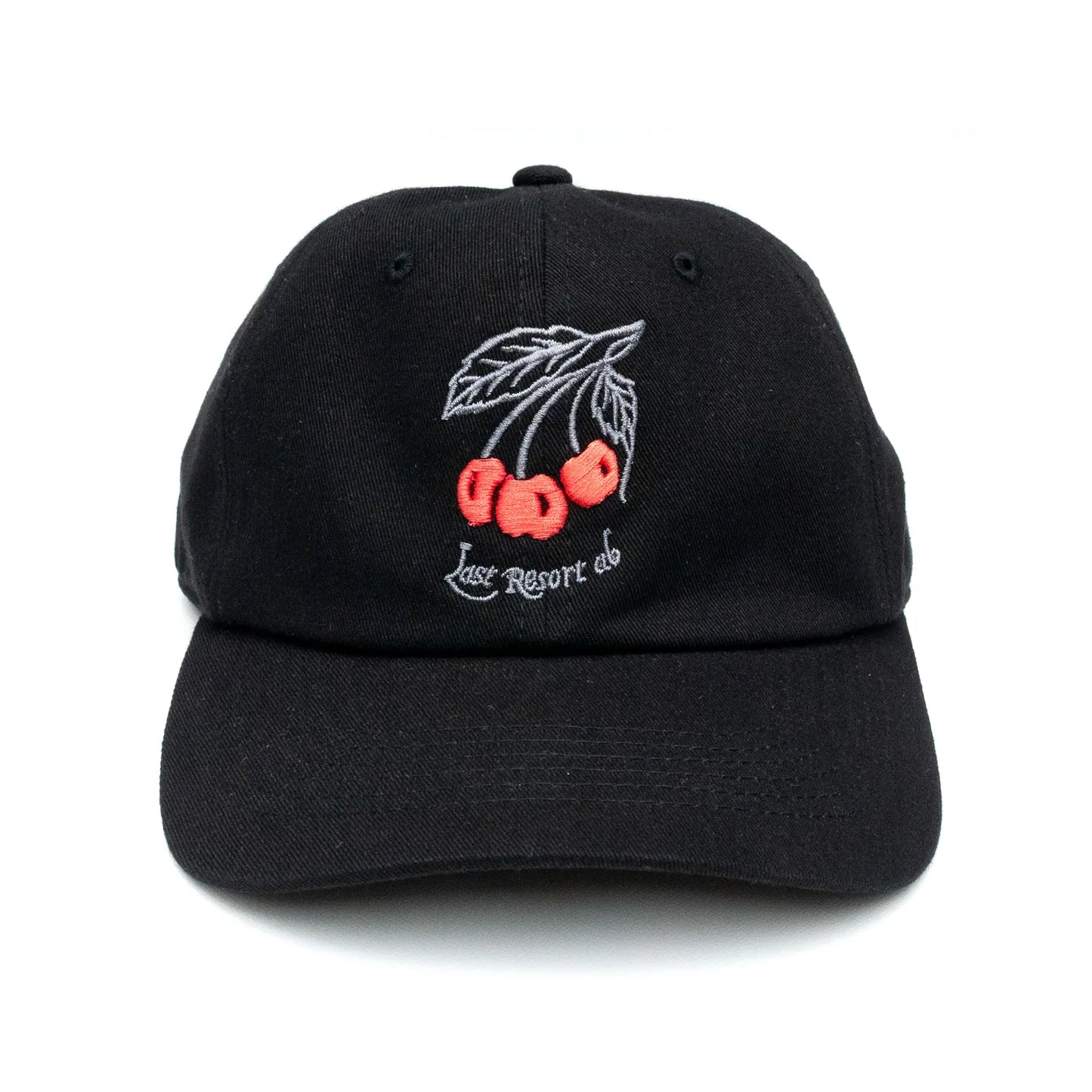 LAST RESORT ABのフロントにチェリーのイラストが刺繍で入るBLACKカラーのコットン製ダッドハットキャップ「CHERRIES DADDY CAP」の正面からの商品写真