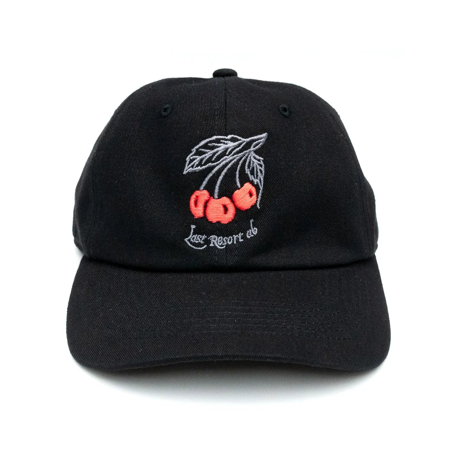 LAST RESORT ABのフロントにチェリーのイラストが刺繍で入るBLACKカラーのコットン製ダッドハットキャップ「CHERRIES DADDY CAP」の正面からの商品写真
