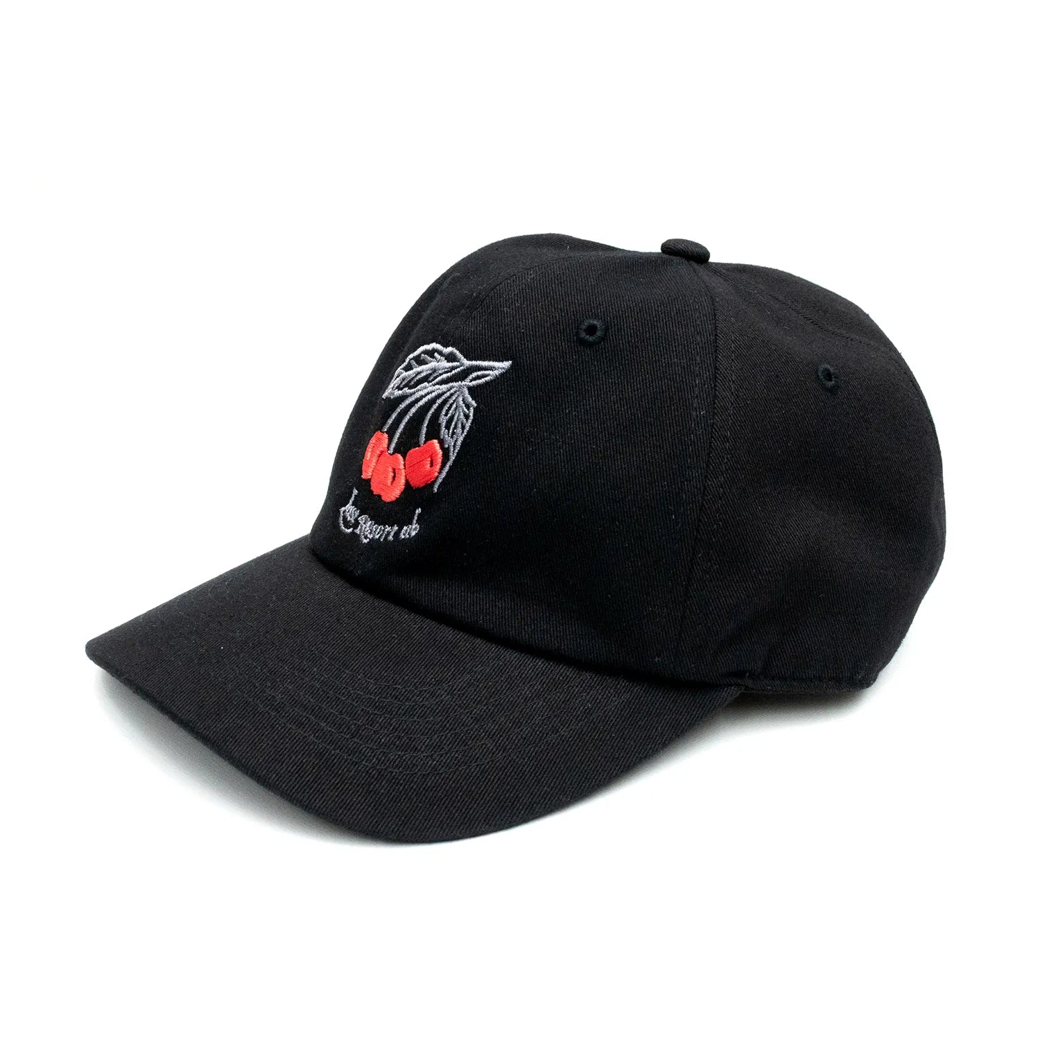 LAST RESORT ABのフロントにチェリーのイラストが刺繍で入るBLACKカラーのコットン製ダッドハットキャップ「CHERRIES DADDY CAP」の斜め手前からの商品写真