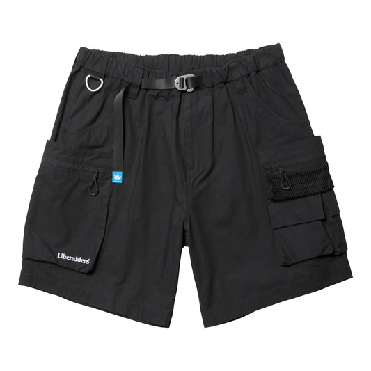 Liberaiders(リベレイダース)の高機能ナイロンショーツ「CORDURA RIP UTILITY SHORTS」のBLACKカラーの正面からの商品写真