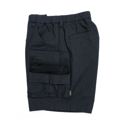 Liberaiders(リベレイダース)の高機能ナイロンショーツ「CORDURA RIP UTILITY SHORTS」のBLACKカラーの左側面からの商品写真