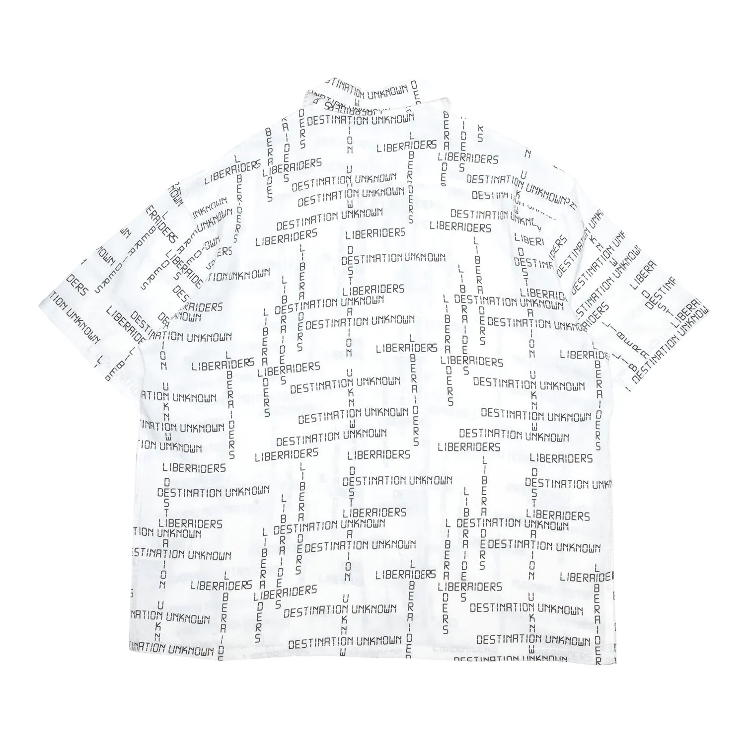 Liberaiders(リベレイダース)のレーヨン素材を使用した開襟シャツ「DIGITAL LOGO RAYON S/S SHIRT」の背面からの商品写真