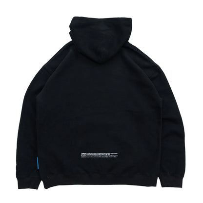 Liberaiders(リベレイダース)のフロントにデザインがプリントされた肉厚なフーディ(パーカー)「LR EMBROIDERY HOODIE」のBLACKカラーの背面からの商品写真