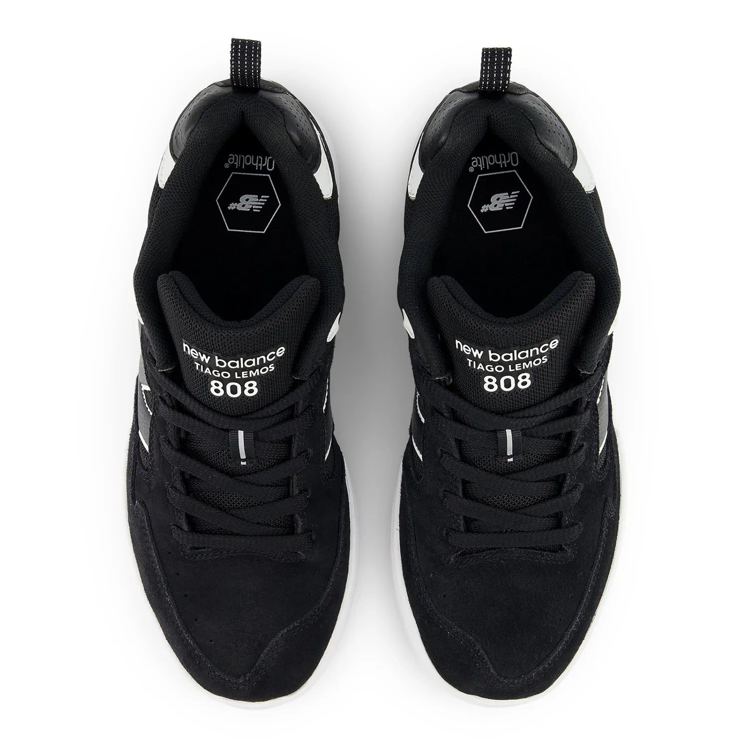 New Balance Numeric(ニューバランスヌメリック)の「TIAGO LEMOS」のシグネーチャーモデルのスケボー・スケートボードシューズ「NM808LBW」のBLACKカラーの真上からの商品写真