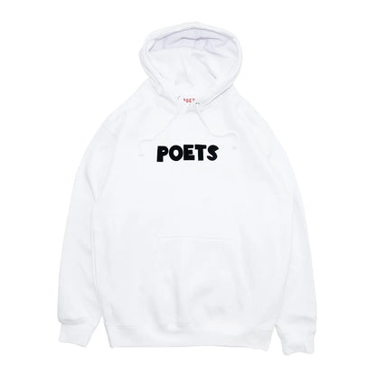 フロントにフェルト地のロゴデザインが入るPOETS(ポエッツ)のパーカー・フーディ「CUCKOO HOODIE」の「WHITE」カラーの正面からの商品写真