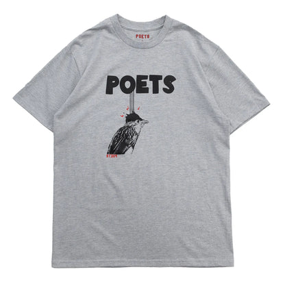 フロントにフェルト地のプリントデザインが入るPOETS(ポエッツ)のTシャツ「POETS CUCKOO TEE」の「HT GREY」カラーの正面からの商品写真