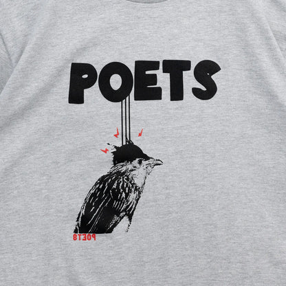 フロントにフェルト地のプリントデザインが入るPOETS(ポエッツ)のTシャツ「POETS CUCKOO TEE」の「HT GREY」カラーのフロントデザインの写真