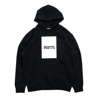 POETS(ポエッツ)のフロントに大きくデザインがフェルトプリントされた肉厚なパーカー「D&G SCREENED HOODIE」のBLACKカラーの正面からの商品写真