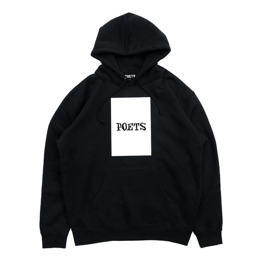 POETS(ポエッツ)のフロントに大きくデザインがフェルトプリントされた肉厚なパーカー「D&G SCREENED HOODIE」のBLACKカラーの正面からの商品写真